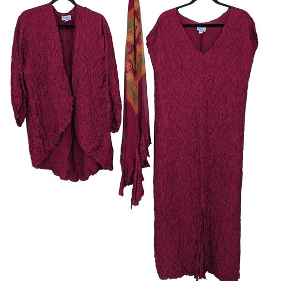 Vintage 1990s WHISPERS CAROLE DOLIGHAN Puckered Silk 3-Pc Set Dress Jacket Scarf - Picture 1 of 16